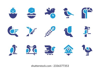 Cooking icon collection. Duotone color. Vector illustration. Containing chick, chicken, early, bird, toucan, peacock, dove, love bird, pigeon, bird house, ostrich. 