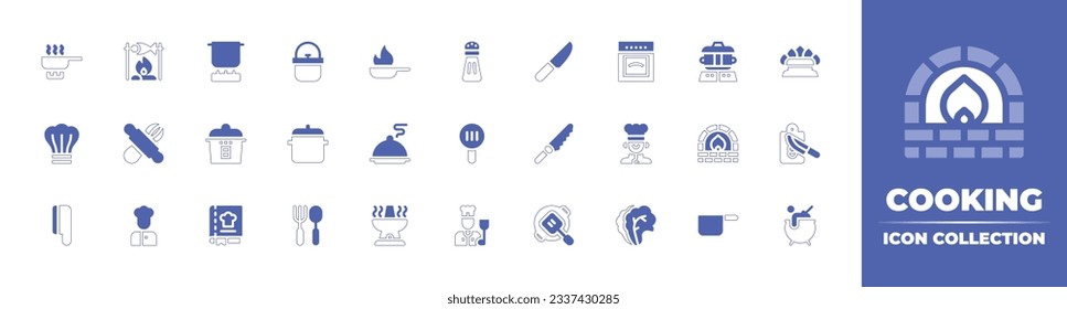 Cooking icon collection. Duotone style line stroke and bold. Vector illustration. Containing cook, cooking, pan, pot, salt, kitchen pack, oven, cooking pot, natural gas, salver, skimmer, and more.