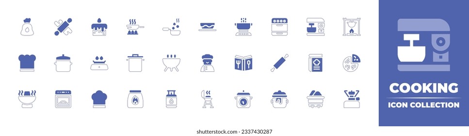 Cooking icon collection. Duotone style line stroke and bold. Vector illustration. Containing coal, cooking, cake, pan, bowl, mixer blender, bonfire, chef hat, pot, stove, cooking pot, cook, and more.