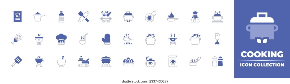 Cooking icon collection. Duotone style line stroke and bold. Vector illustration. Containing cook book, cooking pot, cooking oil, cooking, pot, pan, frying pan, chef, salt, bbq, chef hat, and more.