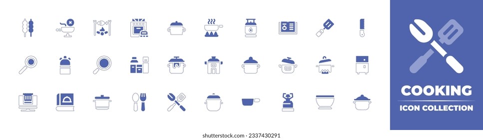 Cooking icon collection. Duotone style line stroke and bold. Vector illustration. Containing okonomiyaki, no cooking, cooking, oven, kitchen pack, frying pan, gas bottle, recipe, spatula, and more.