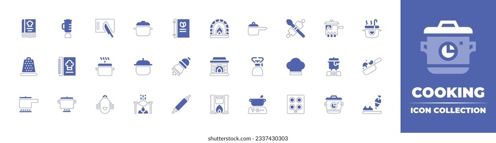 Cooking icon collection. Duotone style line stroke and bold. Vector illustration. Containing recipe book, kitchen pack, cutting board, pot, cook, cooking, food, cheese grater, cook book, and more.