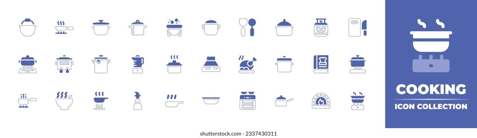 Cooking icon collection. Duotone style line stroke and bold. Vector illustration. Containing pot, frying pan, saucepan, cooking pot, kitchenware, gas, cooking, blender, extractor hood, roast, and more