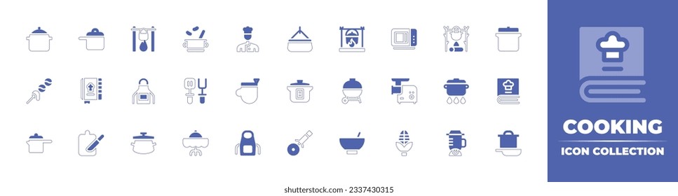 Cooking icon collection. Duotone style line stroke and bold. Vector illustration. Containing cooking pot, beans, chef, cook, microwave, cooking, dango, recipe, apron, spatula, oven glove, and more.