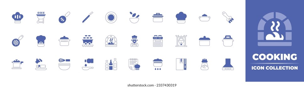 Cooking icon collection. Duotone style line stroke and bold. Vector illustration. Containing chef hat, grill, slotted spoon, bread knife, dishes, pestle, cooking pot, saucepan, brush, and more.