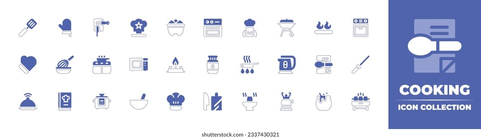 Cooking icon collection. Duotone style line stroke and bold. Vector illustration. Containing spatula, cooking, trophy, coal, oven, chef, barbacue, fire, gloves, baking, kitchen pack, and more.