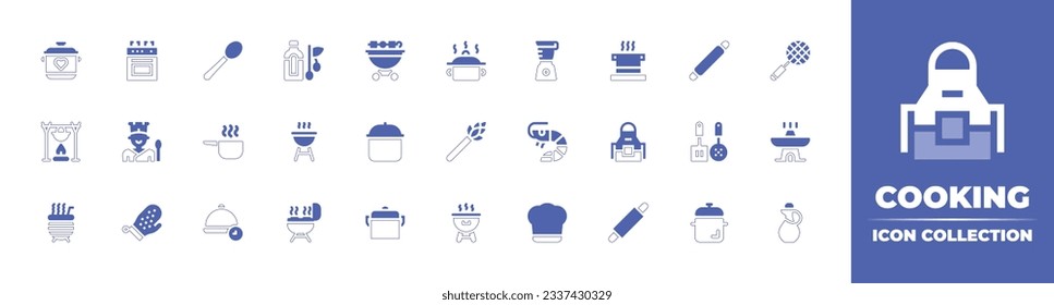 Colección de iconos de cocina. Curso de línea de estilo duotónico y negrita. Ilustración vectorial. Con olla para cocinar, cocina, cuchara, aceite de oliva, barbacoa, cocina, mezclador, rodillo, skimmer, cocinero y más.