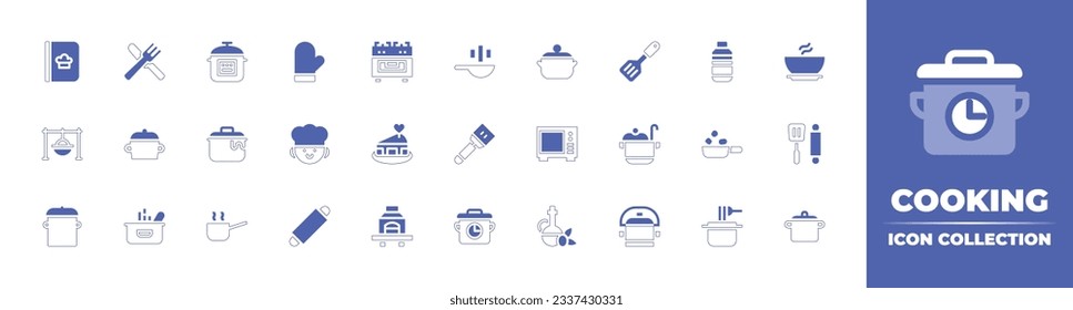 Cooking icon collection. Duotone style line stroke and bold. Vector illustration. Containing recipes, knife and fork, express pot, oven, gas stove, frying pan, cooking pot, turner, and more.