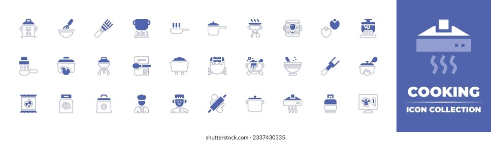 Cooking icon collection. Duotone style line stroke and bold. Vector illustration. Containing cooking pot, cooking, brush, stew, pan, barbecue, grilling, pistachio, hood, pot, closed barbacue, and more