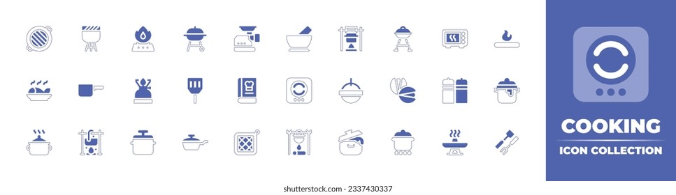 Cooking icon collection. Duotone style line stroke and bold. Vector illustration. Containing grill, barbecue, gas stove, meat grinder, mortar, cook, barbacue, microwave oven, fire, fish, pot, and more