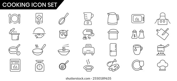 Cooking icon, kitchen line icon, vector set. Cooking icon set design. Kitchen utensils, chef hat, cooking book, spoon, pan icon. Vector illustration.