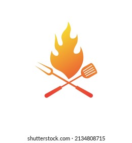 Kochen Symbol Logo Grill und Spatel auf einem Feuer Logo Identität. Barbeque Essen oder Grill Design Vorlage.