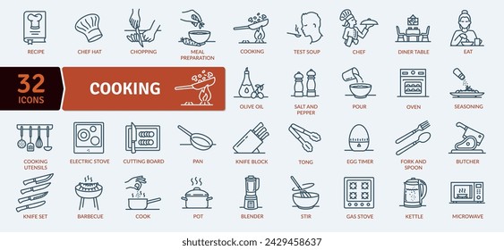 Cooking icon pack, utensils and food preparation. Frying, boiling, baking and ready to eat. Cookery, cuisine , culinary art, dish , food , haute cuisine, food preparation, home economics