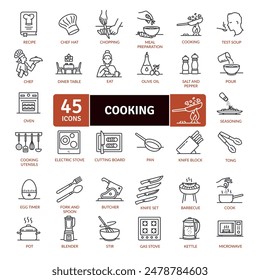 Cooking icon pack, utensils and food preparation. Frying, boiling, baking and ready to eat. Cookery, cuisine , culinary art, dish , food , haute cuisine, food preparation