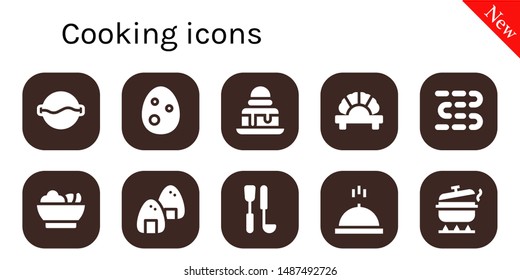 cooking icon set. 10 filled cooking icons.  Collection Of - Soup, Egg, Brownie, Dumpling, Sausages, Salad, Onigiri, Soup ladle, Meal, Pot