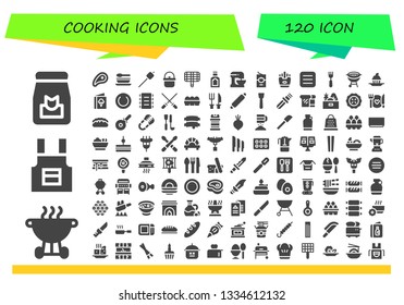 cooking icon set. 120 filled cooking icons.  Simple modern icons about  - Food, Bbq, Apron, Meat, Soup, Marshmallow, Pot, Grill, Beater, Tomato sauce, Fries, Menu, Fork, Cupcake