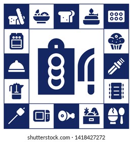 cooking icon set. 17 filled cooking icons.  Collection Of - Bread, Stove, Dinner, Cutting board, French press, Muffin, Knife, Ribs, Marshmallow, Salad, Microwave oven, Sandwich