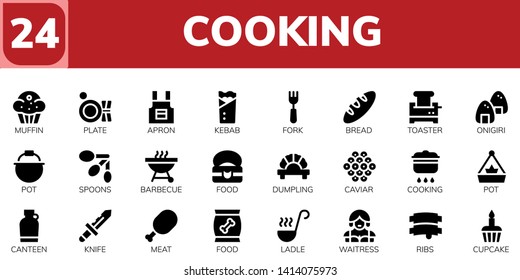 cooking icon set. 24 filled cooking icons.  Simple modern icons about  - Muffin, Plate, Apron, Kebab, Fork, Bread, Toaster, Onigiri, Pot, Spoons, Barbecue, Food, Dumpling, Caviar