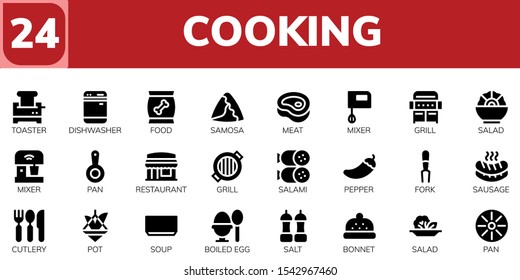 cooking icon set. 24 filled cooking icons.  Simple modern icons about  - Toaster, Dishwasher, Food, Samosa, Meat, Mixer, Grill, Salad, Pan, Restaurant, Salami, Pepper, Fork, Sausage
