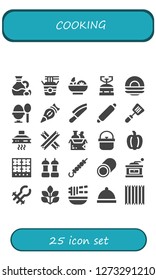  cooking icon set. 25 filled cooking icons. Simple modern icons about  - Olive, Noodles, Salad, Camping gas, Dish, Boiled egg, Pastry bag, Knife, Rolling pin, Spatula, Extractor hood