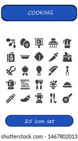 cooking icon set. 25 filled cooking icons.  Simple modern icons about  - Spoons, Boiled egg, Bbq, Hood, French press, Menu, Bowl, Lettuce, Knife, Pancake, Tongs, Barbecue, Chicken leg