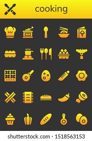 cooking icon set. 26 filled cooking icons.  Collection Of - Chef, Drumsticks, Grinder, Spoon, Noodles, Menu, Eggs, Cooker, Cutlery, Sausage, Burner, Pizza cutter, Egg, Knife icons