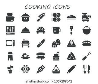 cooking icon set. 30 filled cooking icons.  Simple modern icons about  - Toaster, Pot, Knife, Salami, Bread, Meat grinder, Mixer, Dinner, Dumpling, Measuring cup, Spatula, Microwave