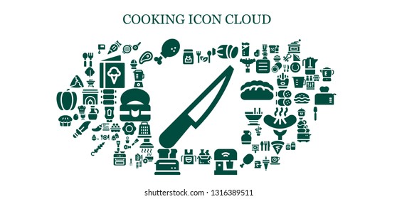 cooking icon set. 93 filled cooking icons.  Collection Of - Knife, Food, Pastry bag, Chicken leg, Salad, Salami, Mixer, Apron, Toaster, Pie, Samosa, Grill, Pizza cutter, Egg, Blender