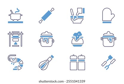 Cooking icon set. Bold line style. Duotone colors. Editable stroke. stew, pot on fire, chef, pot, oven mitt, mixed, cauldron, salt and pepper, cooking, bbq grill.