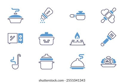 Symbolsatz für das Kochen. Fette Linienart. Duotonfarben. Bearbeitbarer Strich. salver, herd, kneten, kochen, kochen, kochtopf, öl, ofen.