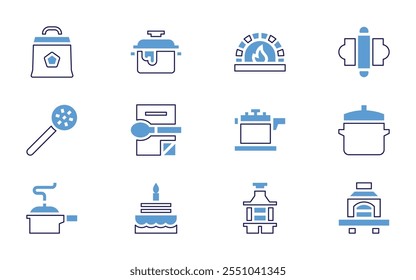 Symbolsatz für das Kochen. Fette Linienart. Duotonfarben. Bearbeitbarer Strich. Walzstift, Steinofen, Kochtopf, Topf, Koch, Antihaft, Kochen, Rezeptbuch.