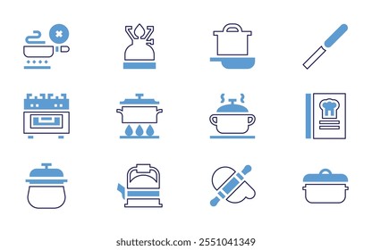 Cooking icon set. Bold line style. Duotone colors. Editable stroke. rolling pin, cooking pot, pot, pallete knife, cooking oil, cook book, apron, frying pan, bottle, recipe.