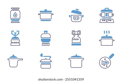 Cooking icon set. Bold line style. Duotone colors. Editable stroke. no cooking, gas stove, cooking, kettle, camping gas, cooking pot, pot, frying pan, saucepan, express pot.