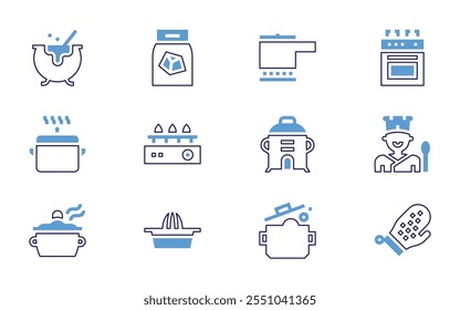 Symbolsatz für das Kochen. Fette Linienart. Duotonfarben. Bearbeitbarer Strich. Schneidebrett, Topf, Grill, Kochen, Kochtopf, Kochherd, kochen.