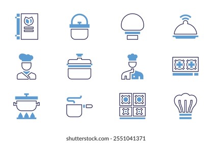 Cooking icon set. Bold line style. Duotone colors. Editable stroke. cooking, chef, stove, salver, gas bottle, cooking pot, no cooking, extractor hood.