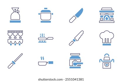 Cooking icon set. Bold line style. Duotone colors. Editable stroke. baking soda, kitchen pack, knife, apron, chef, magic pot, barbecue, olive oil, cooking, stone oven.