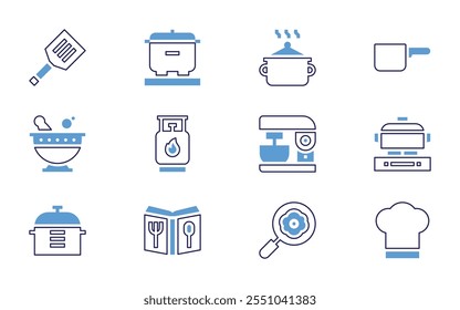 Cooking icon set. Bold line style. Duotone colors. Editable stroke. coal, squeezer, burner, cauldron, cooking pot, pot, cooking, chef hat, egg, mixer blender.