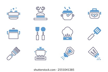 Cooking icon set. Bold line style. Duotone colors. Editable stroke. chef hat, cook book, knife, spatula, cooking, salt, cooking pot, frying pan.