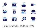 Cooking icon set. Bold style. Duotone colors. cooking, gas, spatula, mortar, pot, chef hat, egg, cooking pot, recipe, mixer blender.