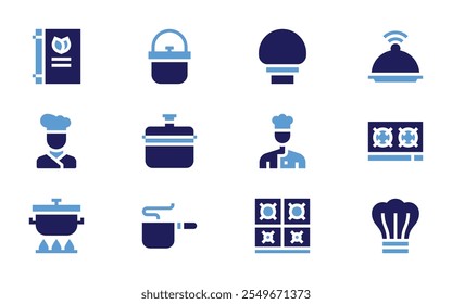 Cooking icon set. Bold style. Duotone colors. pot, cooking pot, cooking, recipe book, chef, stove, salver.