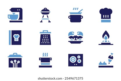 Conjunto de iconos de cocina. Estilo audaz. Duotone colores. recetario, mezclador, sartén, barbacoa, rallador, cocina, cangrejo, cocina eléctrica, olla.