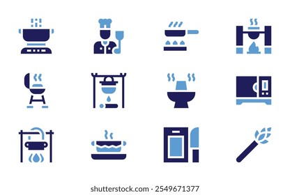 Cooking icon set. Bold style. Duotone colors. stew, frying pan, hot pot, cutting board, pot on fire, chef, pot, cooking, bbq grill.