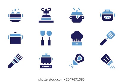 Cooking icon set. Bold style. Duotone colors. kitchenware, brush, chef hat, pot, salt, cooking pot, cooking gas, cooking, spatula.