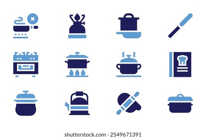 Cooking icon set. Bold style. Duotone colors. no cooking, gas stove, cooking, rolling pin, kettle, camping gas, cooking pot, pot, express pot.