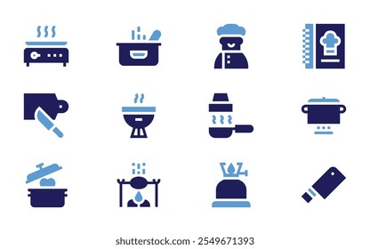 Cooking icon set. Bold style. Duotone colors. cutting board, pot, knife, hood, gas, bbq, cooking, cook book, cooker.