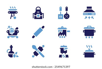 Cooking icon set. Bold style. Duotone colors. cooking, magic pot, barbecue, kitchen hood, cooking pot, olive oil, cook, skimmers, apron, pot.