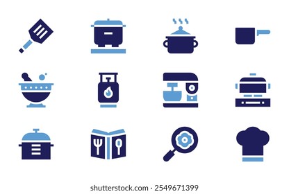 Cooking icon set. Bold style. Duotone colors. cooking, gas, spatula, mortar, pot, chef hat, egg, cooking pot, recipe, mixer blender.