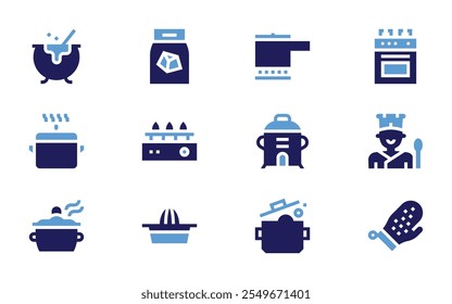 Cooking icon set. Bold style. Duotone colors. cooking, cooking pot, coal, squeezer, burner, cauldron, pot, cooking stove, cook.