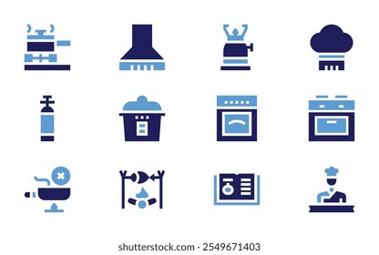 Symbolsatz für das Kochen. Fett. Duotonfarben. Kochen, Gas, Backofen, Gasflasche, Koch, Kochtopf, kein Kochen, Rezept, Kochmütze, Dunstabzugshaube.
