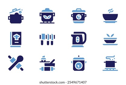 Cooking icon set. Bold style. Duotone colors. cooking, electric kettle, cook book, frying pan, cooking time, soup, knife, pot.